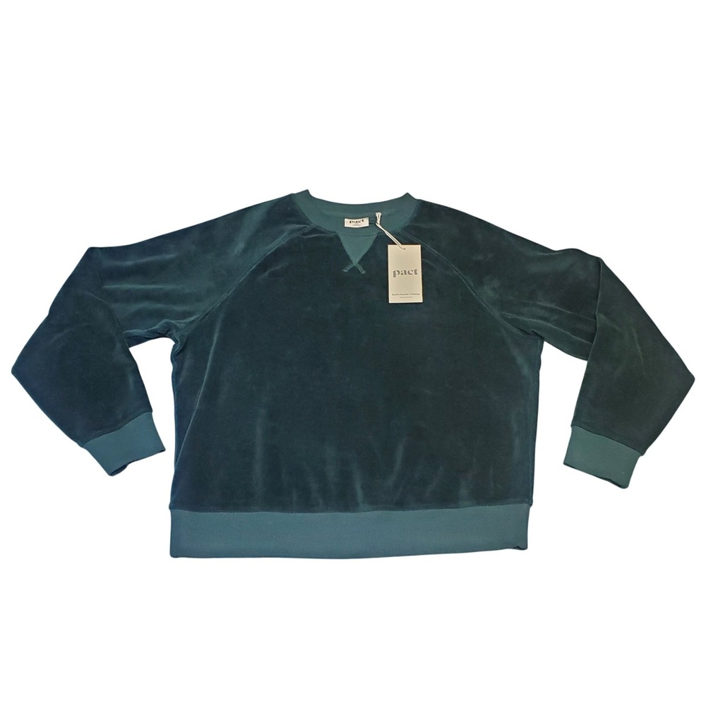 NWT Pact Women's Dark Spruce Cotton Velour Crew Pullover S GOTS Fair Trade